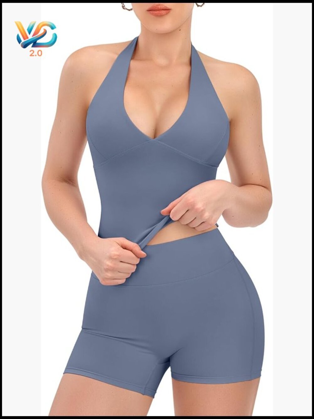 2 Pc Workout Set V Neck Halter Crop Top High Waist Scrunch Shorts